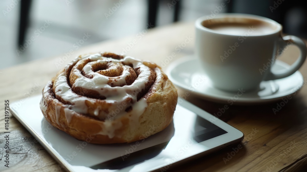 Cinnamon roll coffee and tablet on a wooden table creating a cozy cafe atmosphere ideal for work and relaxation moments Cinnamon roll coffee and tablet on a wooden table creating a cozy cafe atmosphere ideal for work and relaxation moments