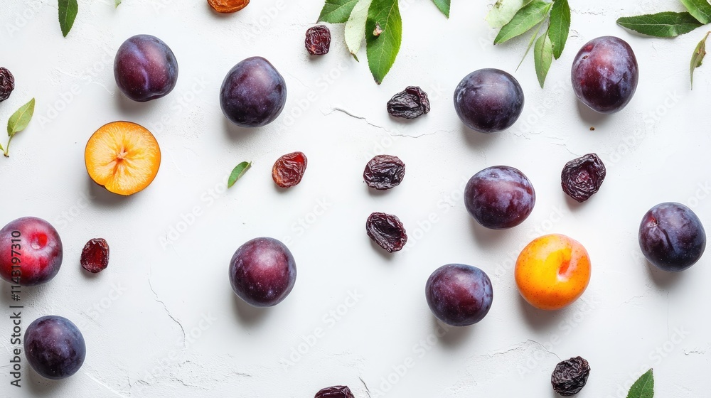 Fresh and dried plums with green leaves arranged on a white background creating a colorful and natural flat lay composition Fresh and dried plums with green leaves arranged on a white background creating a colorful and natural flat lay composition