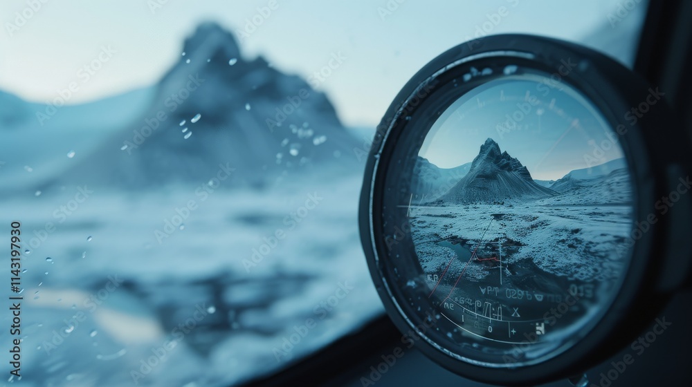 Close-up of an optical device capturing the frosty majesty of a mountain, blending technology with nature in a striking icy blue tone. AI generated. Close-up of an optical device capturing the frosty majesty of a mountain, blending technology with nature in a striking icy blue tone. AI generated.