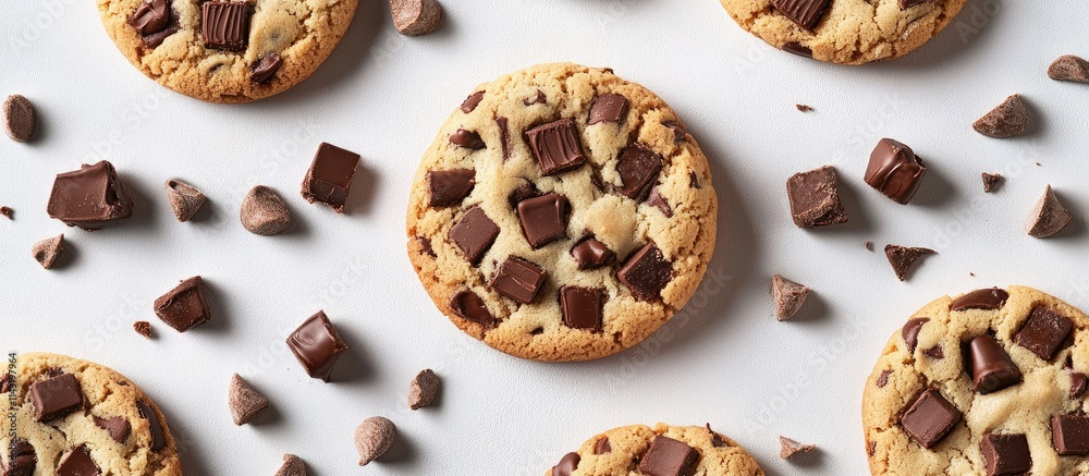Flat lay of freshly baked chocolate chip cookies with chunks and chips on a clean gray backdrop highlighting baking ingredients and textures Flat lay of freshly baked chocolate chip cookies with chunks and chips on a clean gray backdrop highlighting baking ingredients and textures