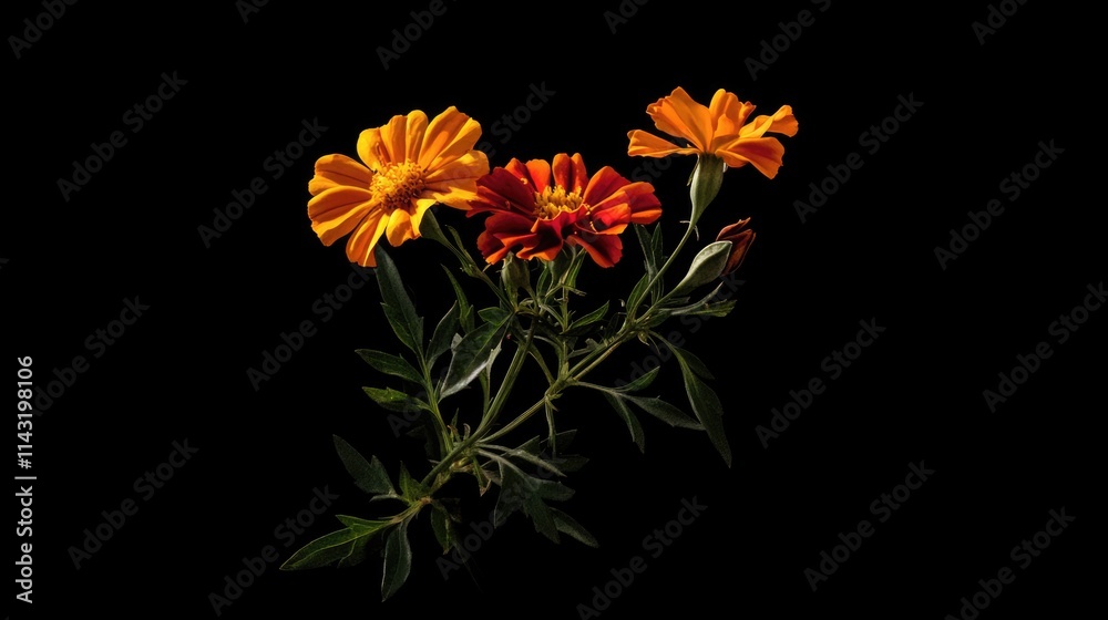 Obraz premium Vibrant French marigold flowers showcasing rich orange and yellow hues against a dark background highlighting their natural beauty and resilience