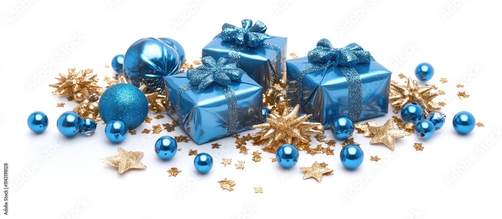 Festive arrangement of shiny blue gift boxes beads and golden confetti stars on a white background for holiday celebrations and events Festive arrangement of shiny blue gift boxes beads and golden confetti stars on a white background for holiday celebrations and events