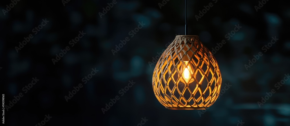 Fototapeta premium Unique hanging lamp illuminating a dark background highlighting intricate craftsmanship and elegant design details suitable for interior decor.