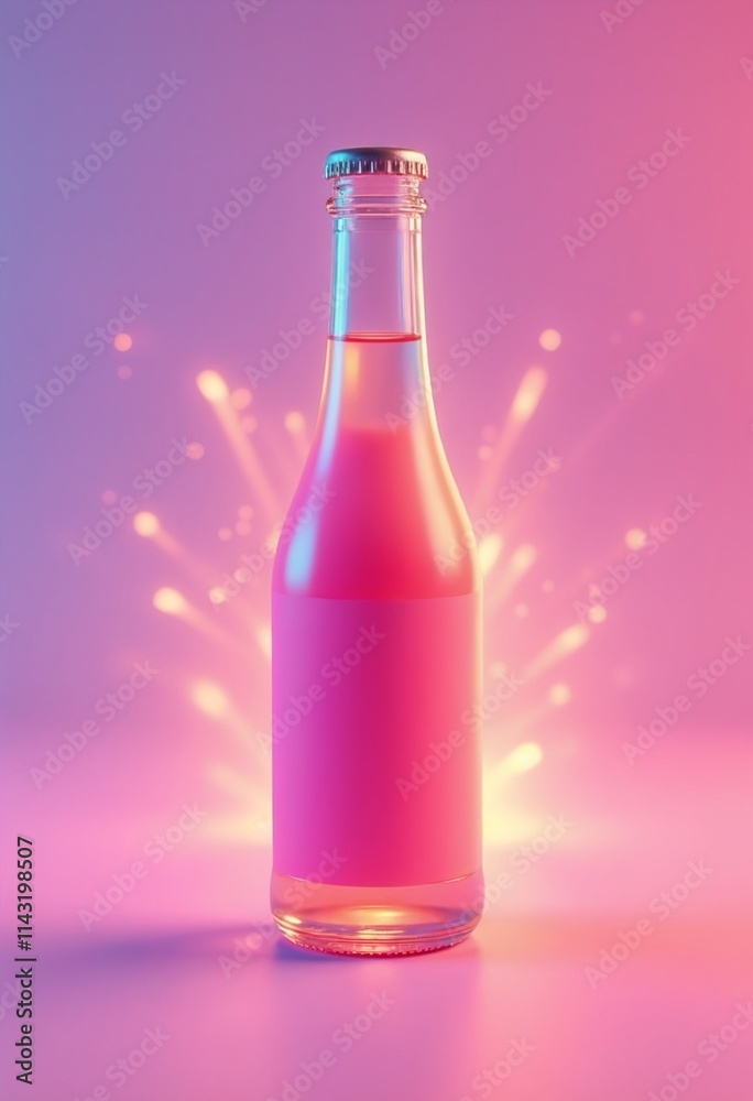 Bright bottle mockup with metal cap, isometric design on pink background Bright bottle mockup with metal cap, isometric design on pink background
