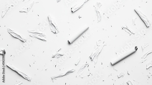 Cigarette remnants scattered on a textured white background creating a stark contrast and highlighting themes of smoking and waste. photo