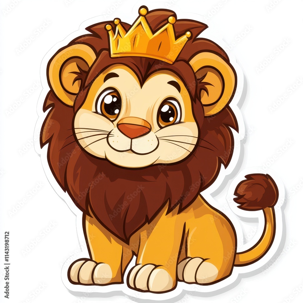Adorable cartoon lion cub with big eyes and a small golden crown sitting happily isolated on white background Adorable cartoon lion cub with big eyes and a small golden crown sitting happily isolated on white background