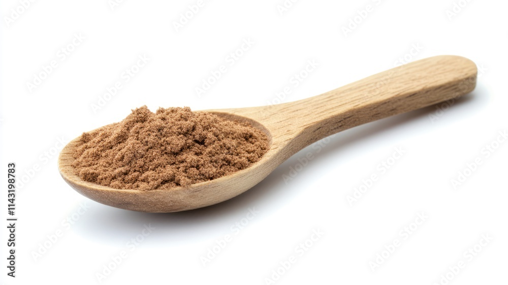 Cinnamon powder in wooden spoon on white background ideal for culinary uses in baking desserts and crafting aromatic beverages Cinnamon powder in wooden spoon on white background ideal for culinary uses in baking desserts and crafting aromatic beverages