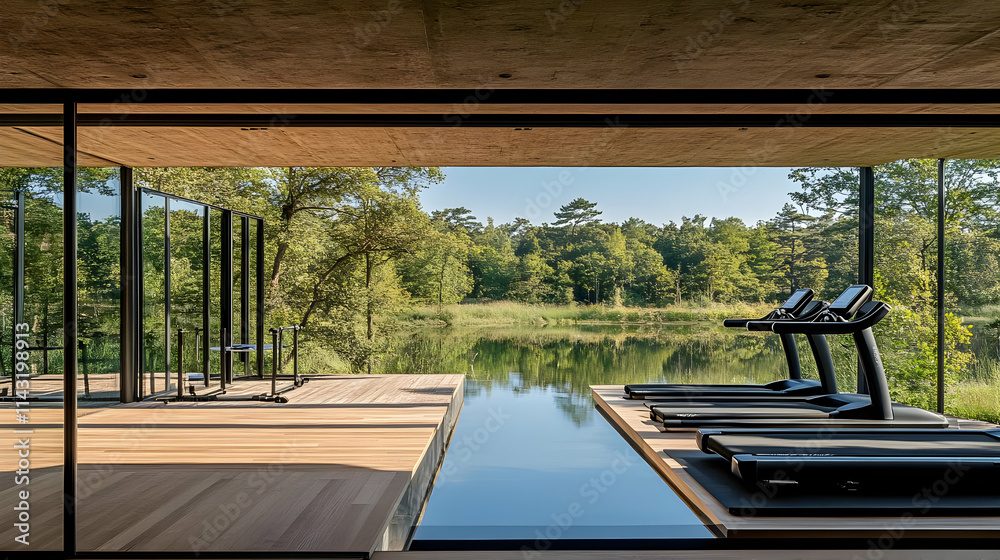 Fototapeta premium Modern Home Gym with Lake View Illustration