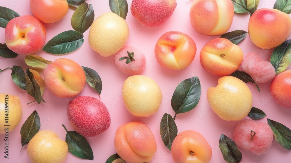 Artificial colorful fruit display including peaches and apples on a pink background with green leaves for creative decor and design purposes. Artificial colorful fruit display including peaches and apples on a pink background with green leaves for creative decor and design purposes.