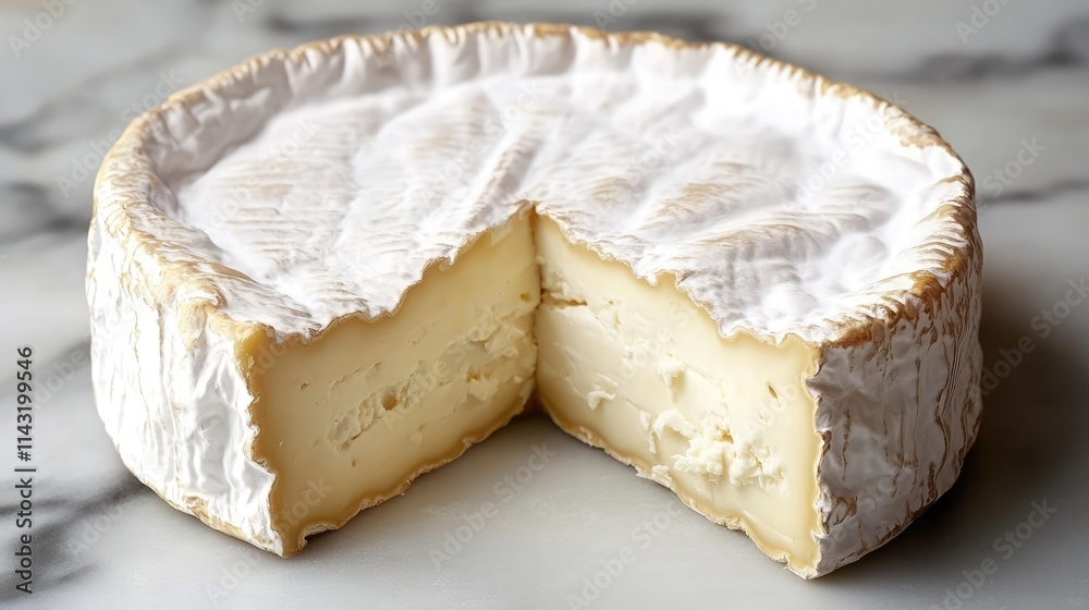 Close up of a round French mountain cheese showing soft creamy interior and white rind on a marble surface Close up of a round French mountain cheese showing soft creamy interior and white rind on a marble surface