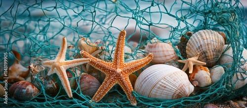 Fishing net with seashells and starfish on sandy beach conveying a relaxing coastal vibe perfect for summer themes or ocean conservation. photo