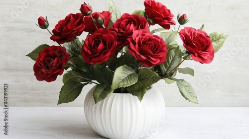 Wallpaper Mural Artificial red roses elegantly arranged in a white vase against a minimalist white background showcasing vibrant floral aesthetics. Torontodigital.ca