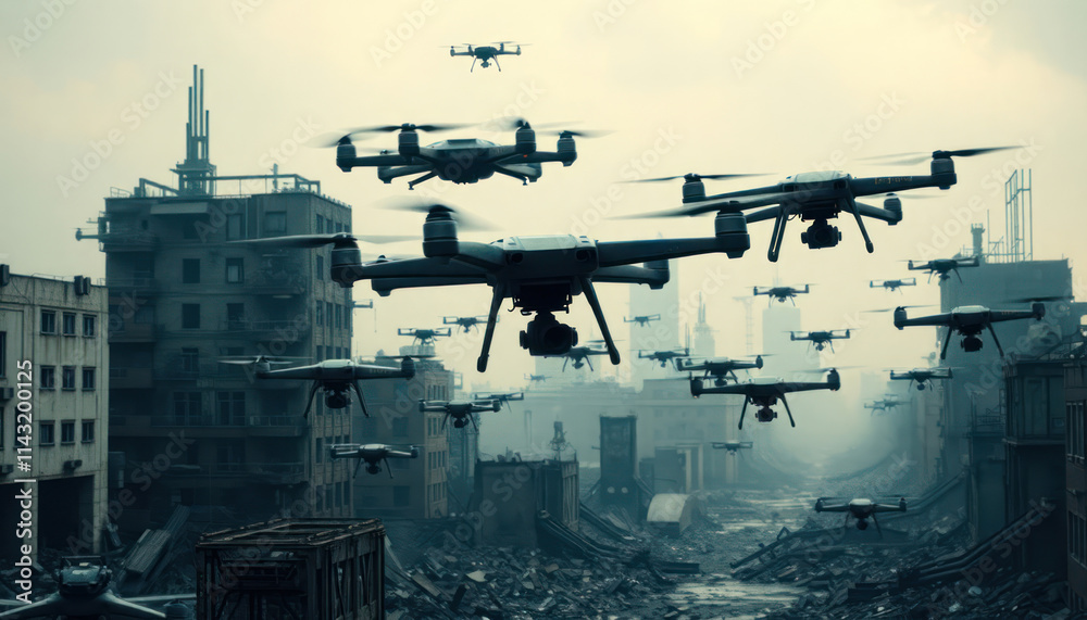 Many drones fly over ruined city. Futuristic tech. Aerial surveillance. Tense scene. Drone swarm. Urban destruction. Cityscape ruined. Dark, ominous. Future war. Tech invasion. Danger. Danger in air. Many drones fly over ruined city. Futuristic tech. Aerial surveillance. Tense scene. Drone swarm. Urban destruction. Cityscape ruined. Dark, ominous. Future war. Tech invasion. Danger. Danger in air.