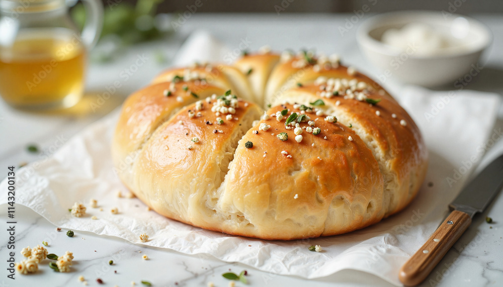 Soft round bread with sesame and herbs on parchment paper