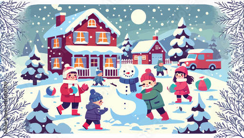 Children building snowmen, having snowball fights, and playing outdoors in the fresh snow