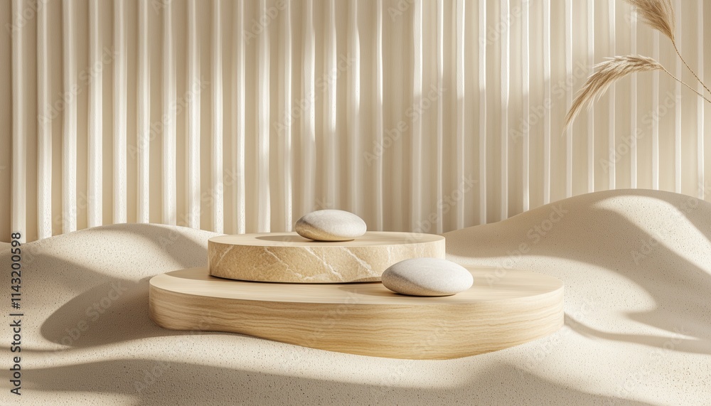 Ideal Display: Natural Stone And Wooden Podium On Beach Sand For Skincare And Cosmetic Presentation With Soft Beige Hue And Subtle Shadows Ideal Display: Natural Stone And Wooden Podium On Beach Sand For Skincare And Cosmetic Presentation With Soft Beige Hue And Subtle Shadows