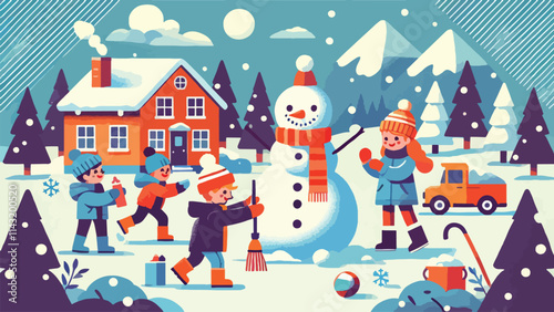Children building snowmen, having snowball fights, and playing outdoors in the fresh snow