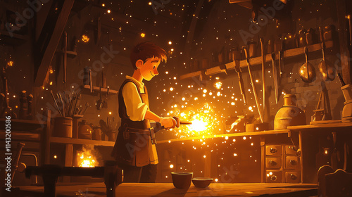 Blacksmith at Work in Fairy Tale Inspired Workshop Illustration photo