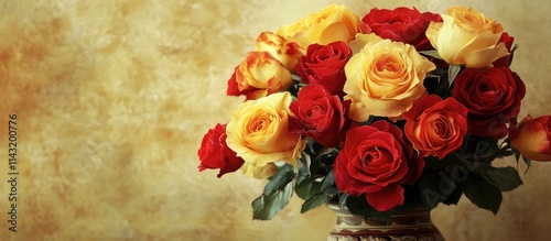 Vibrant red and yellow rose bouquet in decorative vase showcasing elegance and beauty against a textured background