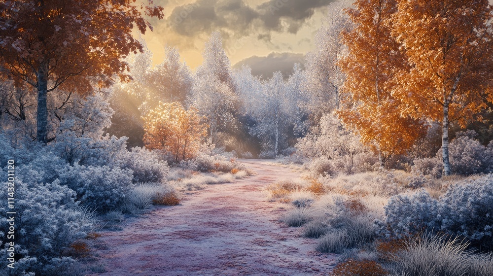 Frosty autumn landscape featuring a dirt path through colorful trees and frosted vegetation under a picturesque sky Frosty autumn landscape featuring a dirt path through colorful trees and frosted vegetation under a picturesque sky
