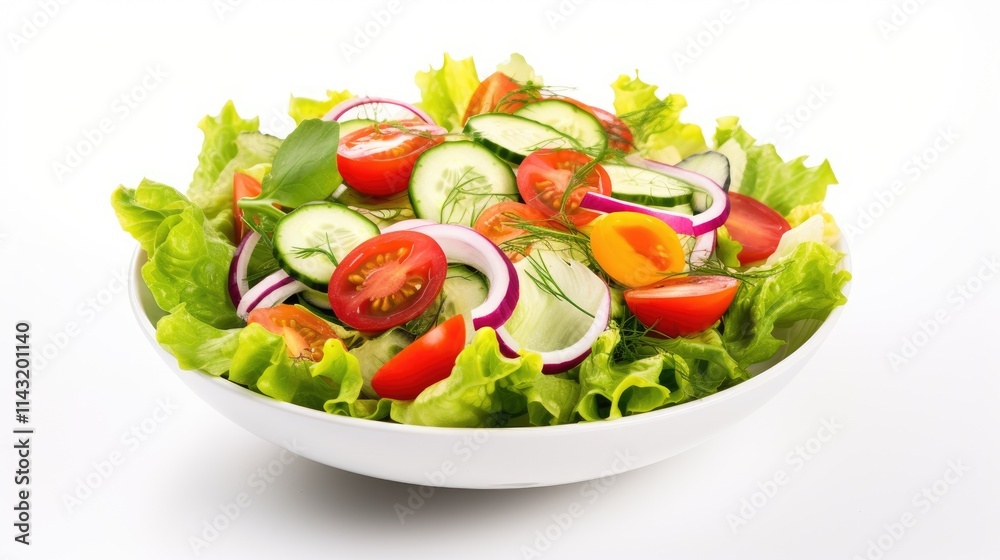 Fresh colorful garden salad with cucumbers tomatoes and red onions in a white bowl on a clean white background suitable for healthy eating concepts Fresh colorful garden salad with cucumbers tomatoes and red onions in a white bowl on a clean white background suitable for healthy eating concepts
