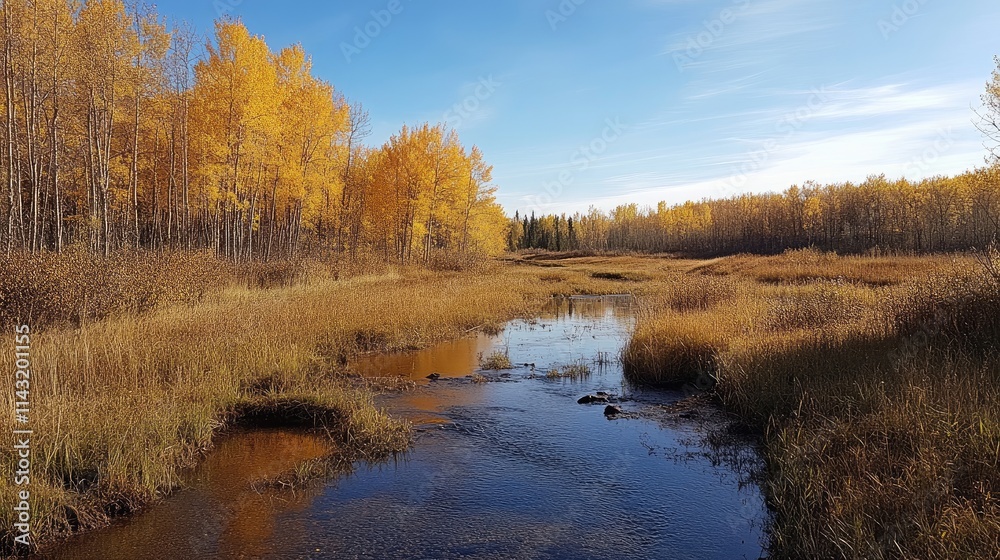 Serene autumn landscape with vibrant fall colors by a tranquil stream in a rural provincial park setting Serene autumn landscape with vibrant fall colors by a tranquil stream in a rural provincial park setting