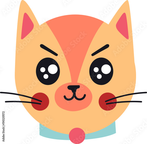 Cute cartoon cat face with big eyes and light blue collar with pink button, isolated on white background, conveying a sense of innocence and playfulness