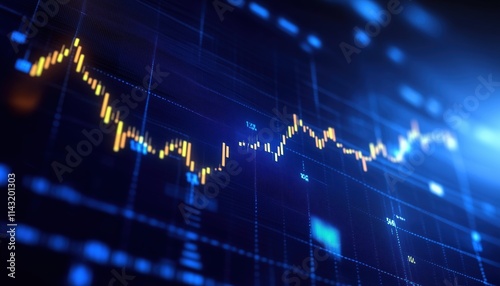Blurred Blue Digital Charts On Dark Blue Background: A Futuristic Financial Interface Featuring Stock Market And Fintech. Render Design.