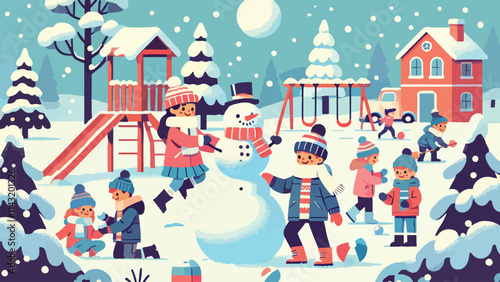 Children building snowmen, having snowball fights, and playing outdoors in the fresh snow