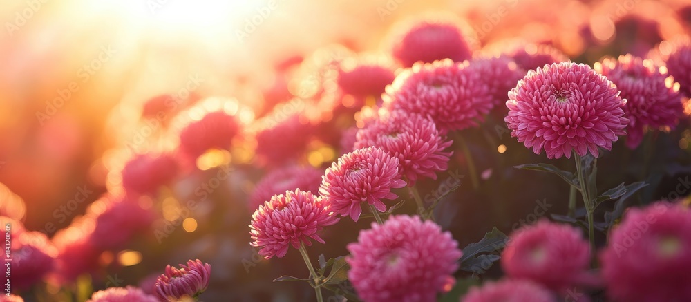 Charming field of vibrant chrysanthemums basking in golden sunlight under a clear sky, showcasing natural beauty and tranquility. Charming field of vibrant chrysanthemums basking in golden sunlight under a clear sky, showcasing natural beauty and tranquility.