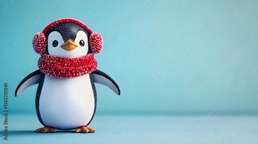 Obraz premium cute cartoon penguin wearing red scarf and earmuffs on blue background