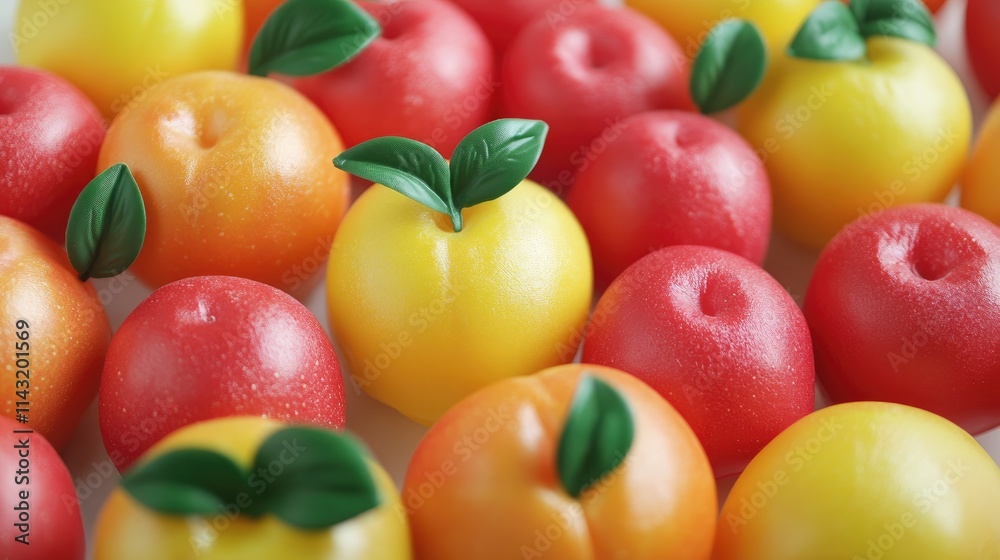 Realistic artificial fruits display featuring vibrant plastic peaches and apples with green leaves for decorative purposes. Realistic artificial fruits display featuring vibrant plastic peaches and apples with green leaves for decorative purposes.