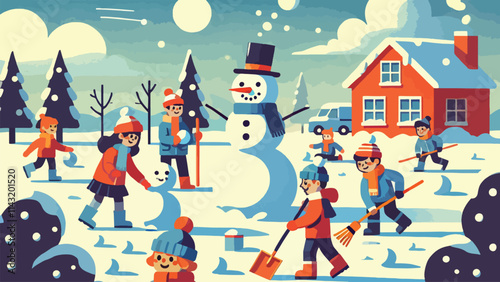 Children building snowmen, having snowball fights, and playing outdoors in the fresh snow