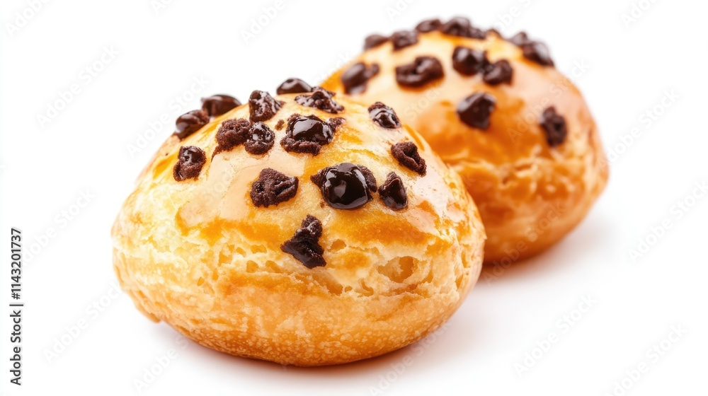 Delicious French cream puffs with chocolate and vanilla filling isolated on white background showcasing traditional pastry craftsmanship Delicious French cream puffs with chocolate and vanilla filling isolated on white background showcasing traditional pastry craftsmanship