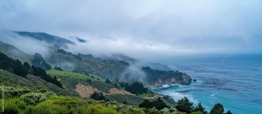 Misty mountains and ocean coastline enveloped in fog showcasing serene natural beauty and atmospheric tranquility Misty mountains and ocean coastline enveloped in fog showcasing serene natural beauty and atmospheric tranquility