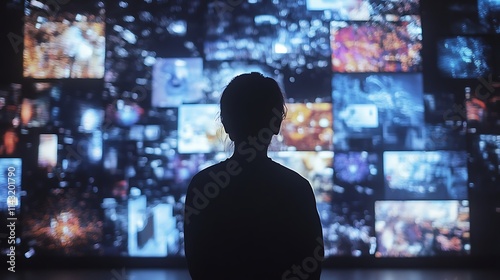 Lost in the Digital World: A Silhouette Against a Wall of Screens