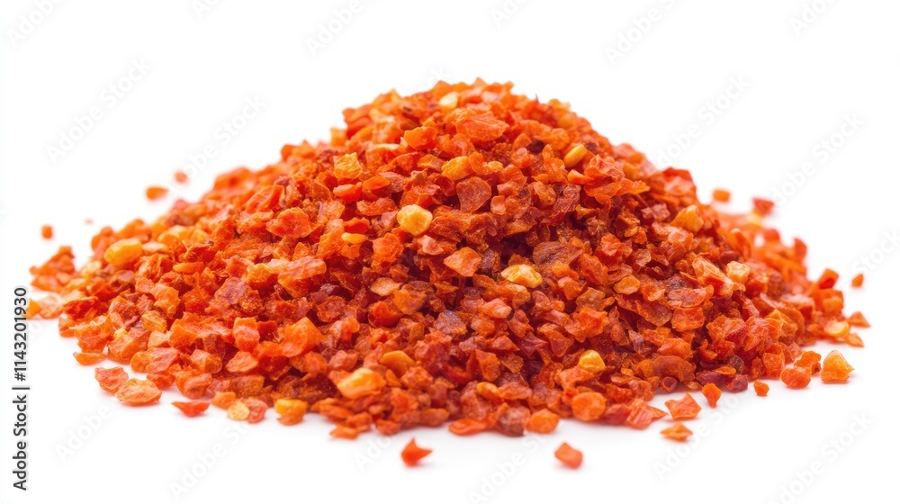 Ground red chili pepper flakes in a heap on a white background showcasing vibrant colors and texture for culinary uses and spice imagery. Ground red chili pepper flakes in a heap on a white background showcasing vibrant colors and texture for culinary uses and spice imagery.