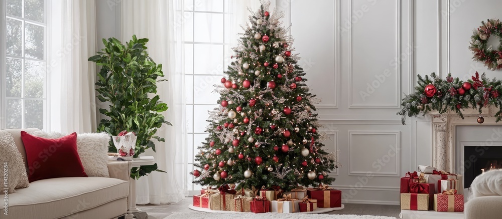 Elegant Christmas tree beautifully decorated with ornaments and gifts, ideal for enhancing festive holiday ambiance and seasonal decor. Elegant Christmas tree beautifully decorated with ornaments and gifts, ideal for enhancing festive holiday ambiance and seasonal decor.