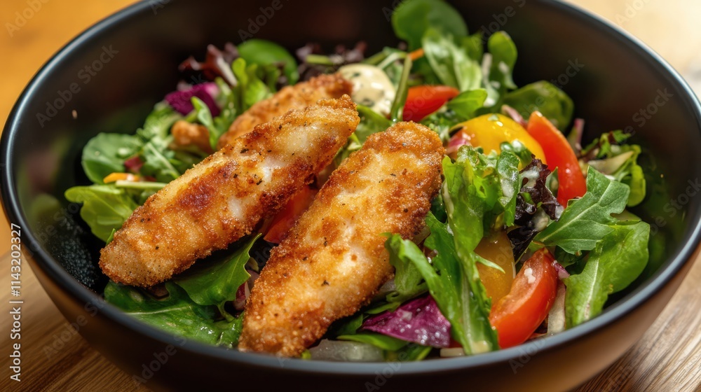Fish sticks served on a fresh salad mix with vibrant vegetables in a black bowl showcasing a delicious meal option. Fish sticks served on a fresh salad mix with vibrant vegetables in a black bowl showcasing a delicious meal option.