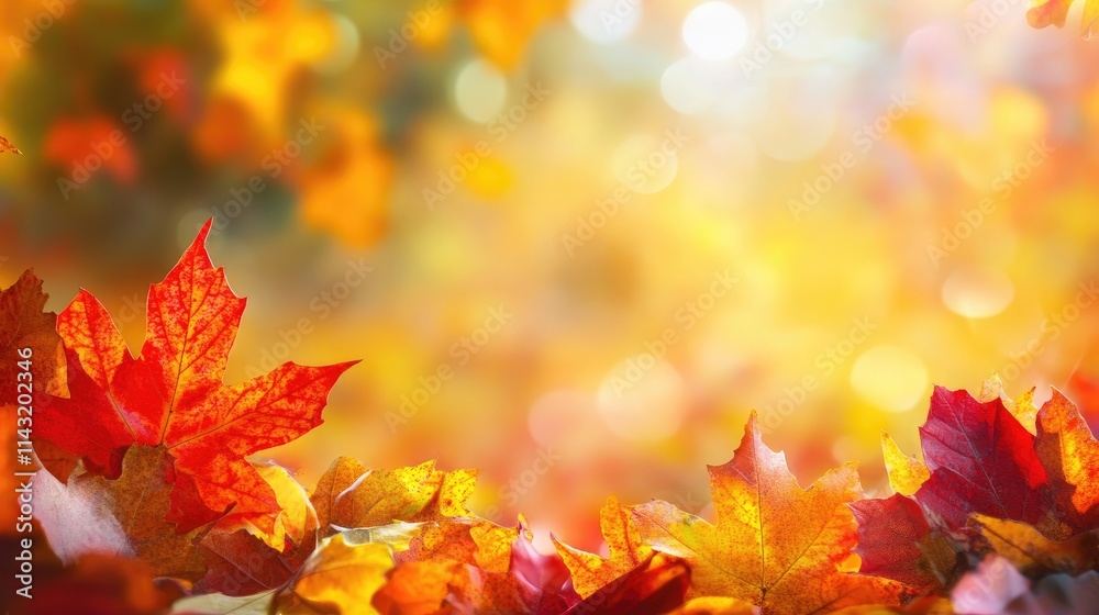 Vibrant autumn foliage with blurred background showcasing colorful fall leaves and warm bokeh lights in a serene natural setting