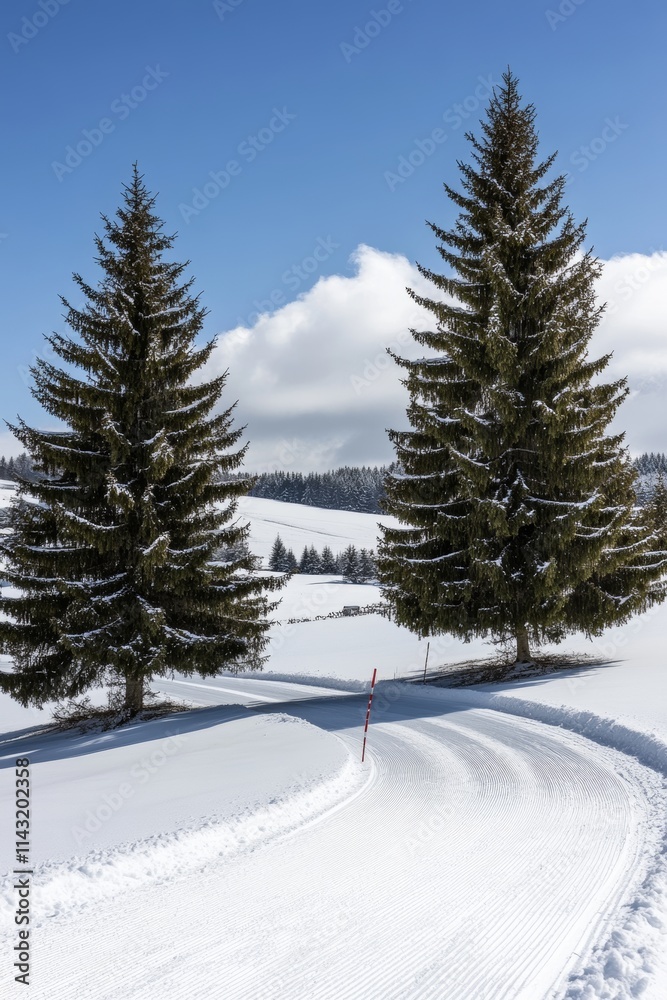 Snowy forest and mountains in a winter landscape, set against a blue sky Snowy forest and mountains in a winter landscape, set against a blue sky