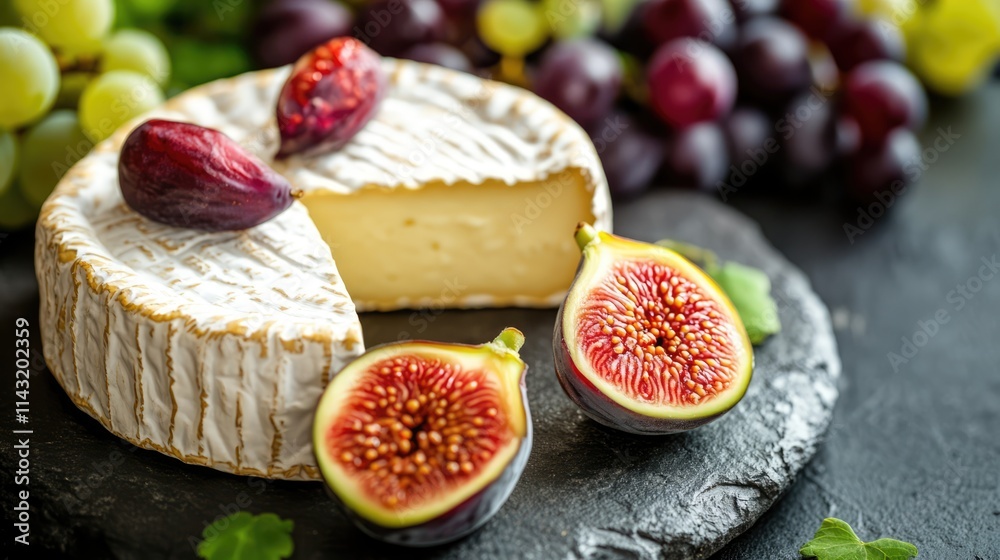 French soft cheese served with fresh ripe figs and grapes on a rustic slate board close-up photography French soft cheese served with fresh ripe figs and grapes on a rustic slate board close-up photography