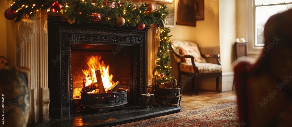 Cozy fireplace adorned with festive decorations, creating a warm and inviting atmosphere in the living room during the holiday season. Cozy fireplace adorned with festive decorations, creating a warm and inviting atmosphere in the living room during the holiday season.