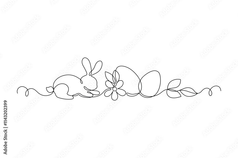Obraz premium Easter Bunny and eggs drawn in continuous line in minimalism, happy Easter concept, greeting banner design, one line, editable vector contour