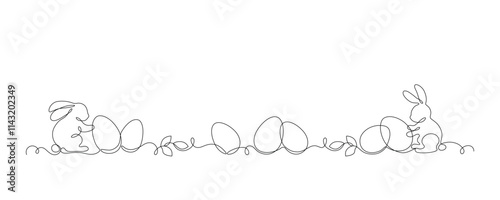 Easter bunnies and eggs drawn in continuous line in minimalism, happy Easter concept, greeting banner design, one line, editable vector outline