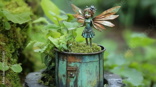 Whimsical fairy figurine with wings standing in a vintage pot surrounded by lush green foliage and plants in a magical garden setting photo