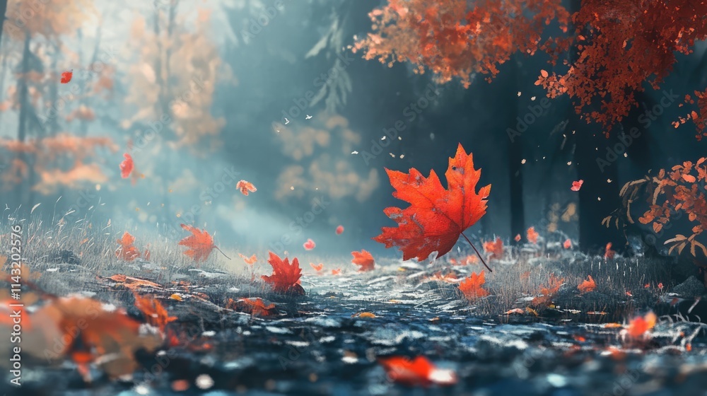 Vibrant autumn landscape featuring colorful leaves falling through misty forest sunlight Vibrant autumn landscape featuring colorful leaves falling through misty forest sunlight