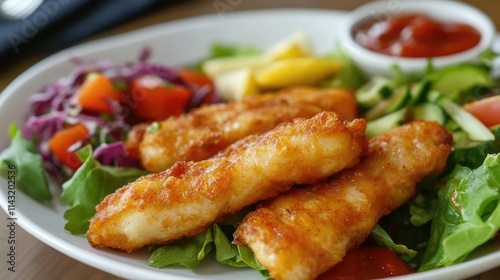 Fried fish sticks served with fresh salad and dipping sauce on a rustic wooden table