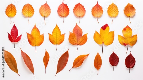 Autumn leaves collection in vibrant colors arranged on a clean white background showcasing seasonal beauty and natural textures.