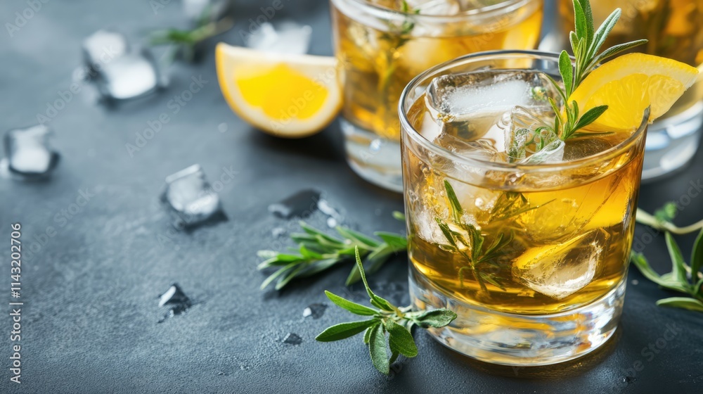Refreshing whiskey cocktail with ice and herbs on dark table garnished with lemon slices and space for your creative text Refreshing whiskey cocktail with ice and herbs on dark table garnished with lemon slices and space for your creative text